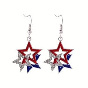 Triple star silver tone hook USA patriotic drop earrings red white blue bling